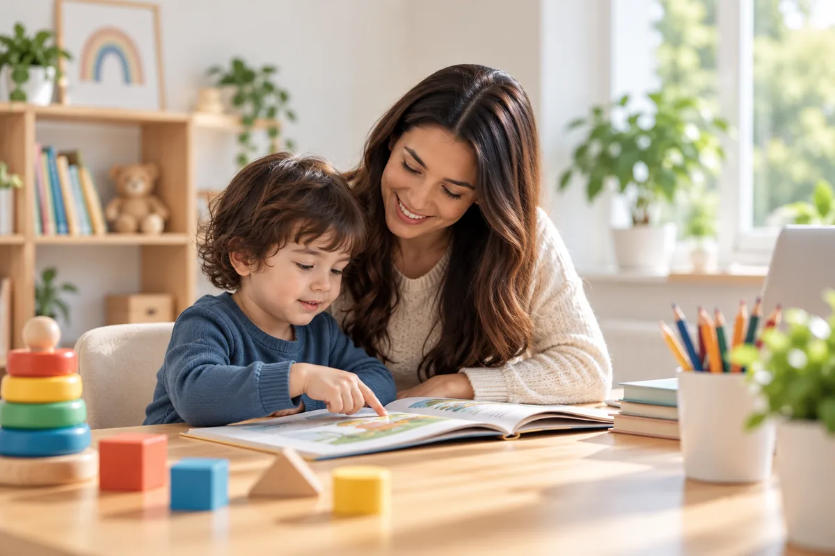 Parent and young child sharing a calm early-years learning activity
