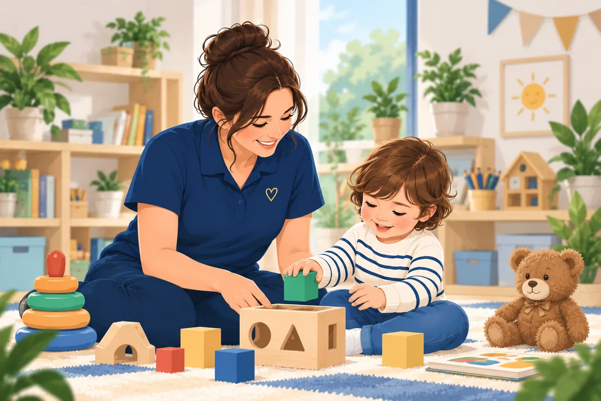 EarlyBridge practitioner supporting a young child through Montessori-informed learning activities