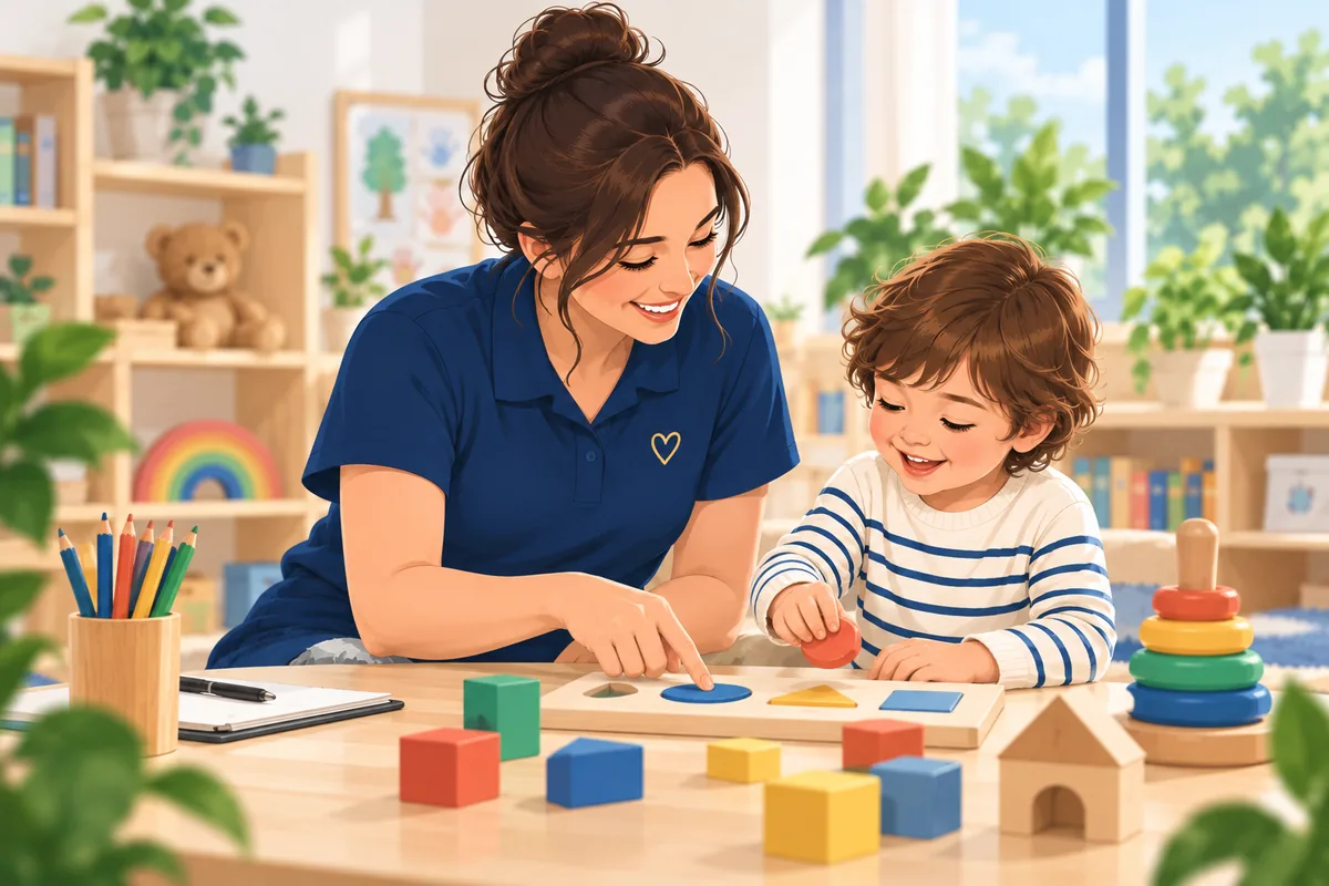 Early-years practitioner guiding a child through a structured learning activity